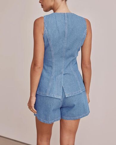 Kedera Women's Button Down Denim Vest Sleeveless Tank Tops Crew Neck Slim Fit Jean Jacket Waistcoat with Pockets in Saudi Arabia