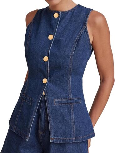 زر Kedera Women's Down Denim Vest Supless Tops Tops Crew Neck Slim Fit Jean Justcoat مع جيوب in Saudi Arabia