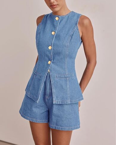 Kedera Women's Button Down Denim Vest Sleeveless Tank Tops Crew Neck Slim Fit Jean Jacket Waistcoat with Pockets in Saudi Arabia