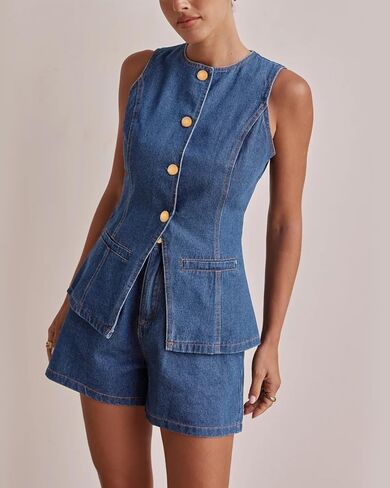 زر Kedera Women's Down Denim Vest Supless Tops Tops Crew Neck Slim Fit Jean Justcoat مع جيوب in Saudi Arabia