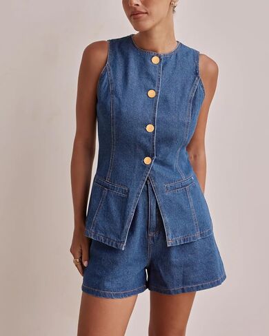 زر Kedera Women's Down Denim Vest Supless Tops Tops Crew Neck Slim Fit Jean Justcoat مع جيوب in Saudi Arabia