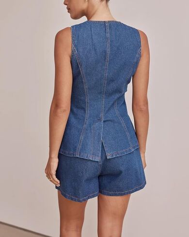 زر Kedera Women's Down Denim Vest Supless Tops Tops Crew Neck Slim Fit Jean Justcoat مع جيوب in Saudi Arabia