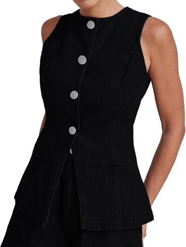 Kedera Women's Button Down Denim Vest Sleeveless Tank Tops Crew Neck Slim Fit Jean Jacket Waistcoat with Pockets in Saudi Arabia