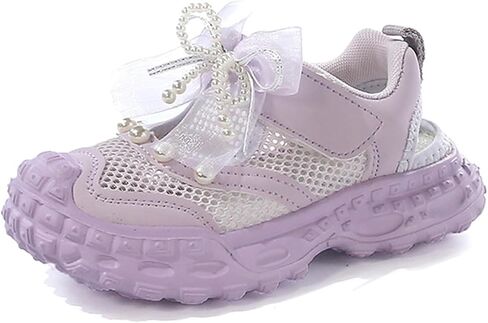 Girs Mesh Sneakers-Easy Strap, LaceBow & Pearl Detail- Lightweight CasuaShoes-Pink,Purple,Beige-EU 28-37 in Saudi Arabia