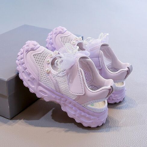 Girs Mesh Sneakers-Easy Strap, LaceBow & Pearl Detail- Lightweight CasuaShoes-Pink,Purple,Beige-EU 28-37 in Saudi Arabia