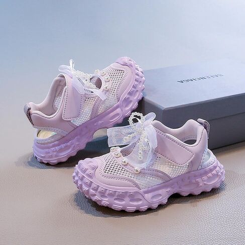Girs Mesh Sneakers-Easy Strap, LaceBow & Pearl Detail- Lightweight CasuaShoes-Pink,Purple,Beige-EU 28-37 in Saudi Arabia