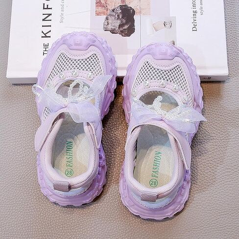 Girs Mesh Sneakers-Easy Strap, LaceBow & Pearl Detail- Lightweight CasuaShoes-Pink,Purple,Beige-EU 28-37 in Saudi Arabia