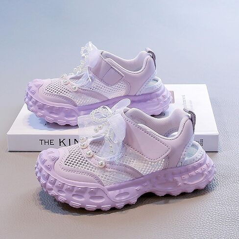 Girs Mesh Sneakers-Easy Strap, LaceBow & Pearl Detail- Lightweight CasuaShoes-Pink,Purple,Beige-EU 28-37 in Saudi Arabia