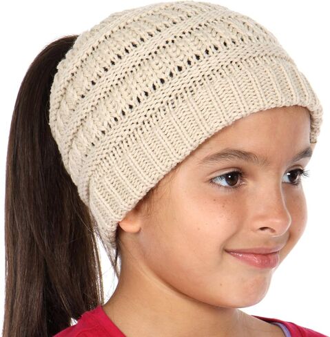 Plum Feathers Beanie Tail Kids Soft Stretch Cable Knit Messy High Bun Ponytail Beanie Hat in Saudi Arabia