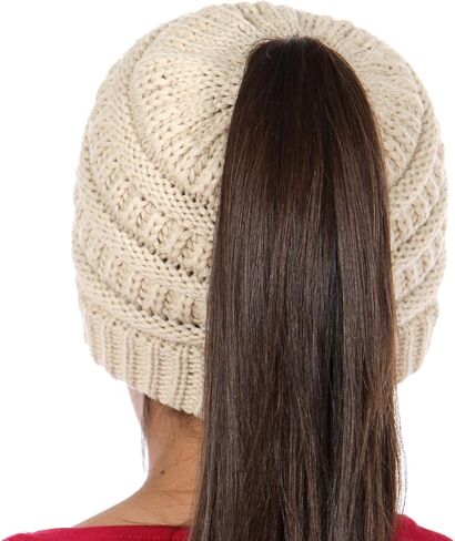 Plum Feathers Beanie Tail Kids Soft Stretch Cable Knit Messy High Bun Ponytail Beanie Hat in Saudi Arabia