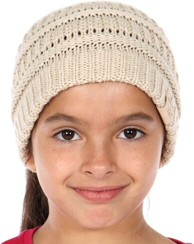 Plum Feathers Beanie Tail Kids Soft Stretch Cable Knit Messy High Bun Ponytail Beanie Hat in Saudi Arabia