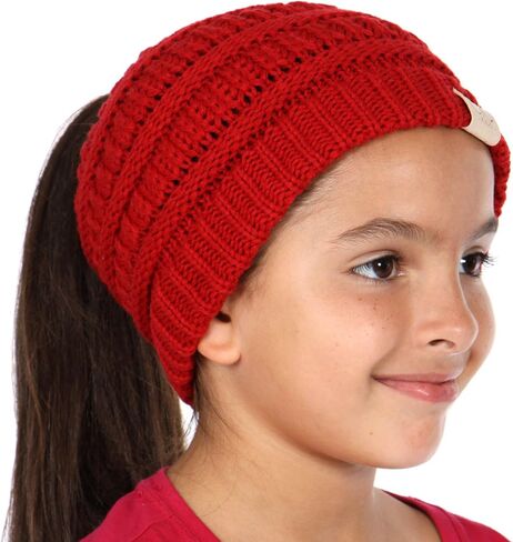 Plum Feathers Beanie Tail Kids Soft Stretch Cable Knit Messy High Bun Ponytail Beanie Hat in Saudi Arabia