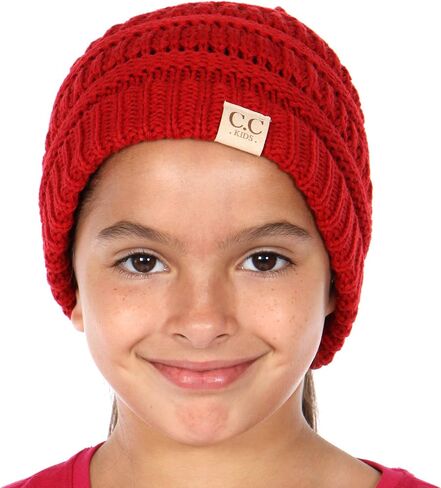 Plum Feathers Beanie Tail Kids Soft Stretch Cable Knit Messy High Bun Ponytail Beanie Hat in Saudi Arabia