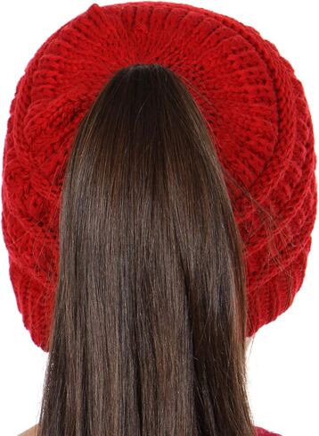 Plum Feathers Beanie Tail Kids Soft Stretch Cable Knit Messy High Bun Ponytail Beanie Hat in Saudi Arabia
