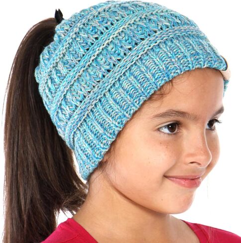 Plum Feathers Beanie Tail Kids Soft Stretch Cable Knit Messy High Bun Ponytail Beanie Hat in Saudi Arabia
