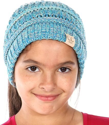 Plum Feathers Beanie Tail Kids Soft Stretch Cable Knit Messy High Bun Ponytail Beanie Hat in Saudi Arabia