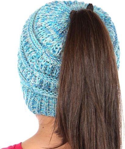 Plum Feathers Beanie Tail Kids Soft Stretch Cable Knit Messy High Bun Ponytail Beanie Hat in Saudi Arabia
