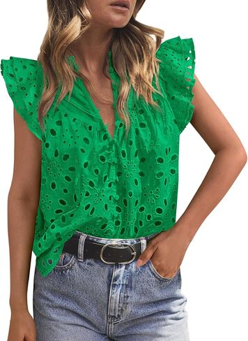 PRETTYGARDEN Womens Summer Tops 2025 Dressy Casual Ruffle Cap Sleeve Button V Neck Embroidered Eyelet Blouses Shirts in Saudi Arabia