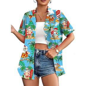 PECHAR Christmas in July Shirts for Women: Christmas Graphic T-Shirts Beach Hawaiian Button Down Blouse Tops in Saudi Arabia