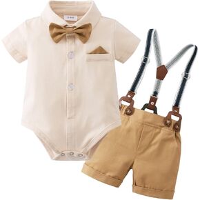 YUEMION Infant Baby Boy Clothes Gentleman Outfits Suits Summer Short Sleeve Bowtie Bodysuit Shirts + Suspender Shorts(Blue,6-9M) in Kuwait