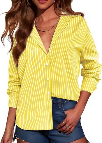 Grade 3.5 Wrinkle-Resistant Womens Vertical Striped Button Down Shirts Long Sleeve Dress Shirt Office Work Blouse in Saudi Arabia