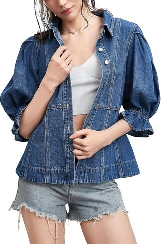 D-sun نساء قصير الأكمام الدنيم قميص v-neck الأكمام نفخة لأسفل جان قميص سترة أزياء in Kuwait