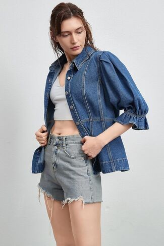 D-sun نساء قصير الأكمام الدنيم قميص v-neck الأكمام نفخة لأسفل جان قميص سترة أزياء in Kuwait