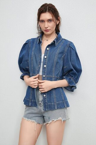 D-sun نساء قصير الأكمام الدنيم قميص v-neck الأكمام نفخة لأسفل جان قميص سترة أزياء in Kuwait