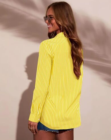 Grade 3.5 Wrinkle-Resistant Womens Vertical Striped Button Down Shirts Long Sleeve Dress Shirt Office Work Blouse in Saudi Arabia