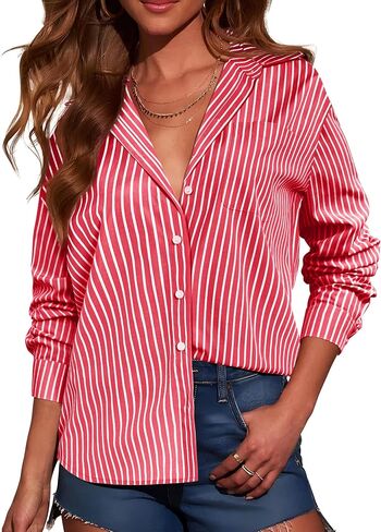 Grade 3.5 Wrinkle-Resistant Womens Vertical Striped Button Down Shirts Long Sleeve Dress Shirt Office Work Blouse in Saudi Arabia