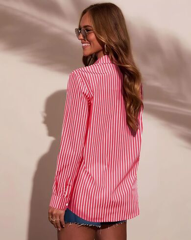 Grade 3.5 Wrinkle-Resistant Womens Vertical Striped Button Down Shirts Long Sleeve Dress Shirt Office Work Blouse in Saudi Arabia