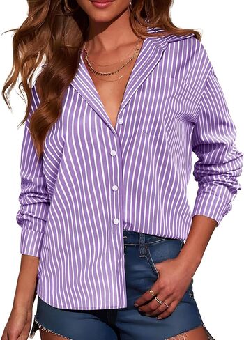 Grade 3.5 Wrinkle-Resistant Womens Vertical Striped Button Down Shirts Long Sleeve Dress Shirt Office Work Blouse in Saudi Arabia