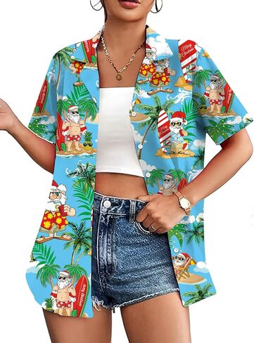 PECHAR Christmas in July Shirts for Women: Christmas Graphic T-Shirts Beach Hawaiian Button Down Blouse Tops in Saudi Arabia