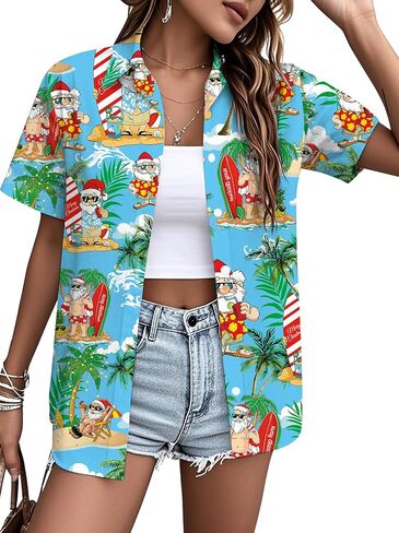 PECHAR Christmas in July Shirts for Women: Christmas Graphic T-Shirts Beach Hawaiian Button Down Blouse Tops in Saudi Arabia