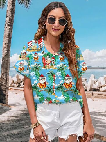 PECHAR Christmas in July Shirts for Women: Christmas Graphic T-Shirts Beach Hawaiian Button Down Blouse Tops in Saudi Arabia