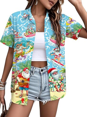 PECHAR Christmas in July Shirts for Women: Christmas Graphic T-Shirts Beach Hawaiian Button Down Blouse Tops in Saudi Arabia