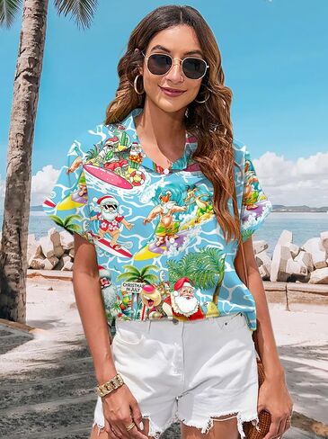 PECHAR Christmas in July Shirts for Women: Christmas Graphic T-Shirts Beach Hawaiian Button Down Blouse Tops in Saudi Arabia
