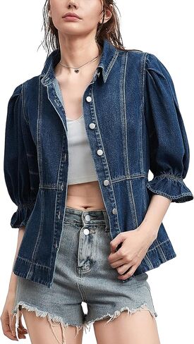 D-sun نساء قصير الأكمام الدنيم قميص v-neck الأكمام نفخة لأسفل جان قميص سترة أزياء in Kuwait