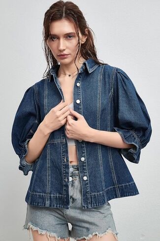 D-sun نساء قصير الأكمام الدنيم قميص v-neck الأكمام نفخة لأسفل جان قميص سترة أزياء in Kuwait