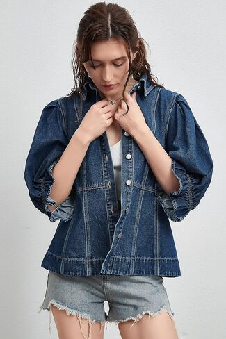 D-sun نساء قصير الأكمام الدنيم قميص v-neck الأكمام نفخة لأسفل جان قميص سترة أزياء in Kuwait