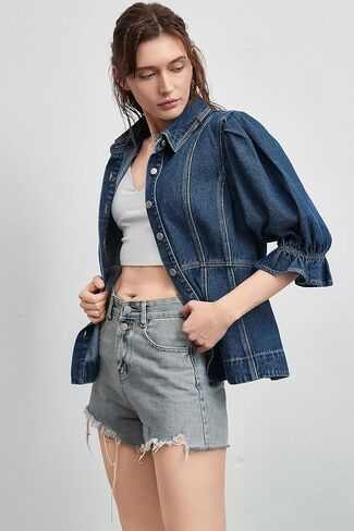 D-sun نساء قصير الأكمام الدنيم قميص v-neck الأكمام نفخة لأسفل جان قميص سترة أزياء in Kuwait
