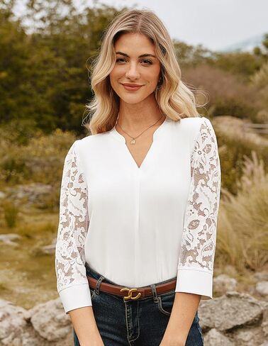 GRACE KARIN Women 3/4 Lace Sleeve Dressy Tops Henley V-Neck Blouses Business Work Office Shirts in Kuwait