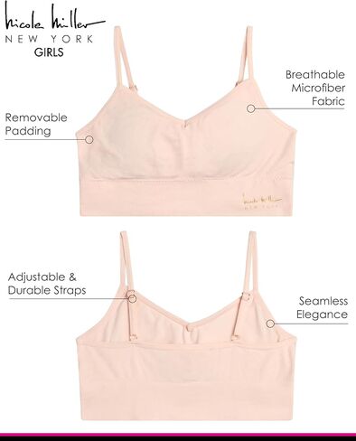 Nicole Miller Girls' Training Bra - 3 Pack/6 Pack Seamless Long Line Cami Bralette - Breathable Sports Bra for Girls (S-XL), Size Large, Light Pink/Ice White/Black- 3pk in Kuwait