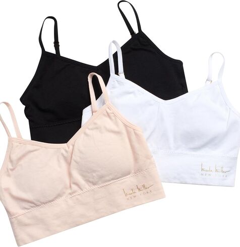 Nicole Miller Girls' Training Bra - 3 Pack/6 Pack Seamless Long Line Cami Bralette - Breathable Sports Bra for Girls (S-XL), Size Large, Light Pink/Ice White/Black- 3pk in Kuwait