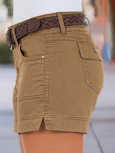 Flamingals Women's Mid Waist Solid Split Side Flap Pocket Casual Shorts in Kuwait
