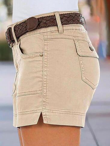 Flamingals Women's Mid Waist Solid Split Side Flap Pocket Casual Shorts in Kuwait