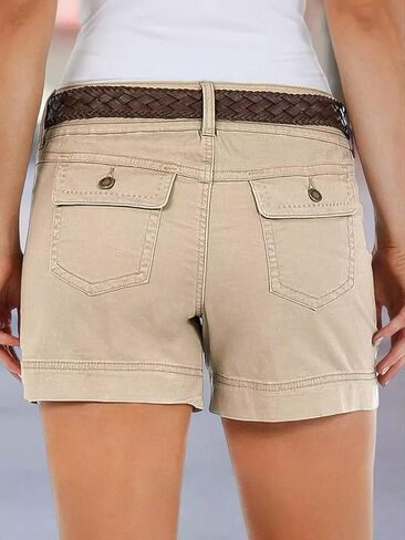 Flamingals Women's Mid Waist Solid Split Side Flap Pocket Casual Shorts in Kuwait