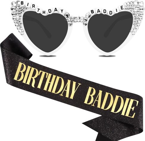 Birthday Baddie Sash & Sunglasses Happy Birthday Party Outfit for Women Men Funny Baddie Accessories in Saudi Arabia