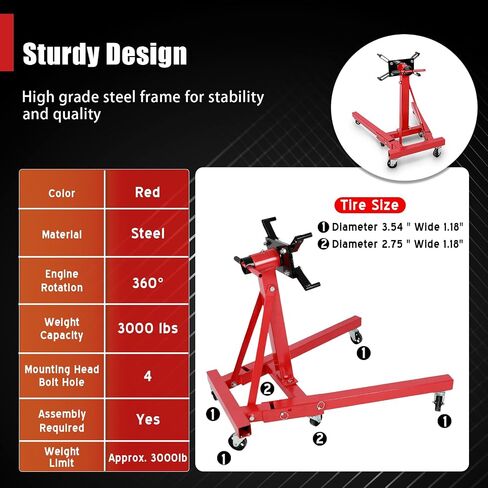 Engine Stand, 3000lbs Capacity Engine Motor Stand with 360 Degree Rotating Head, Heavy-Duty Foldable Engine Lift Stand with 6 Wheels, 4 Adjustable Arms, Red in Saudi Arabia