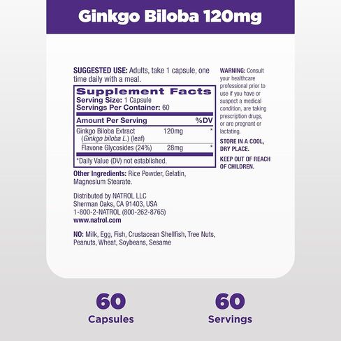 Natrol Brain Health Ginkgo Biloba 120mg ، ملحق غذائي لصحة الدماغ ودعم الذاكرة ، 60 كبسولة ، إمدادات 60 يومًا in Saudi Arabia